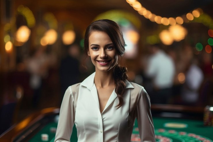 Meja baccarat super jp88 dengan dealer menangani kartu pemain dan banker